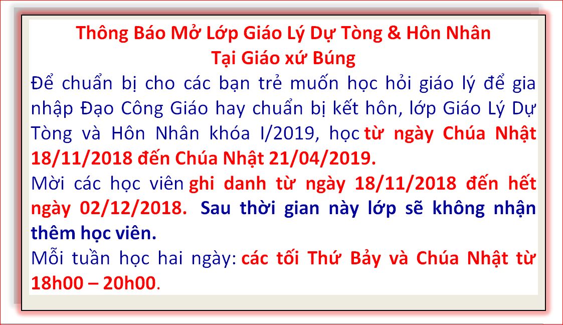 THÔNG BÁO MỞ LỚP GIÁO LÝ DỰ TÒNG HÔN NHÂN