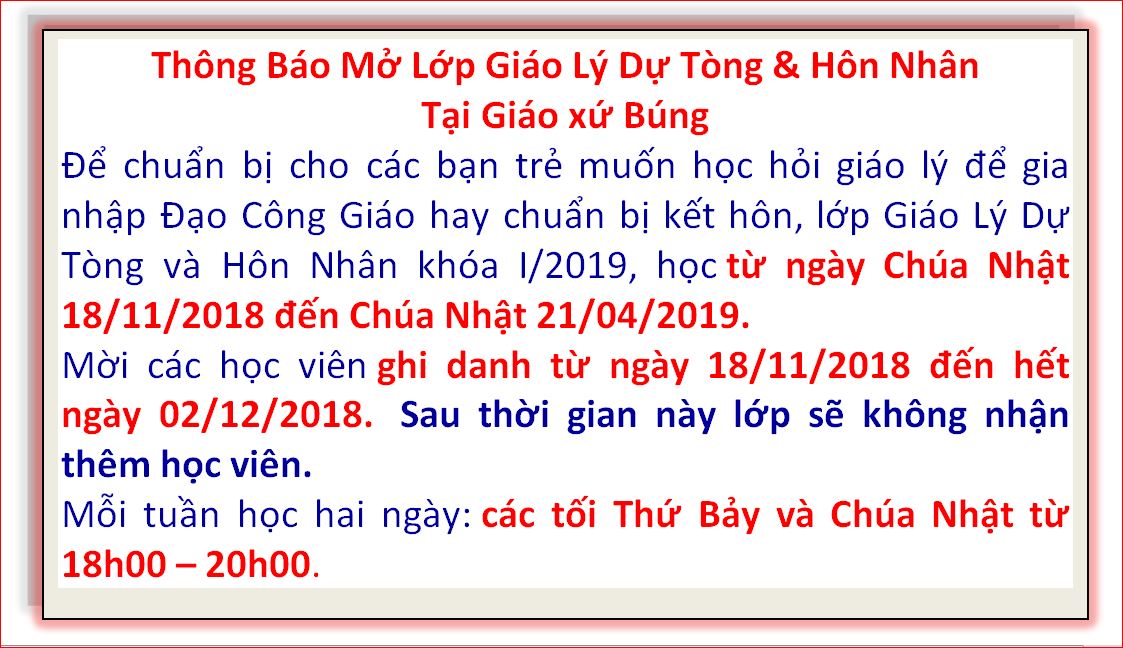 THÔNG BÁO MỞ LỚP GIÁO LÝ DỰ TÒNG HÔN NHÂN